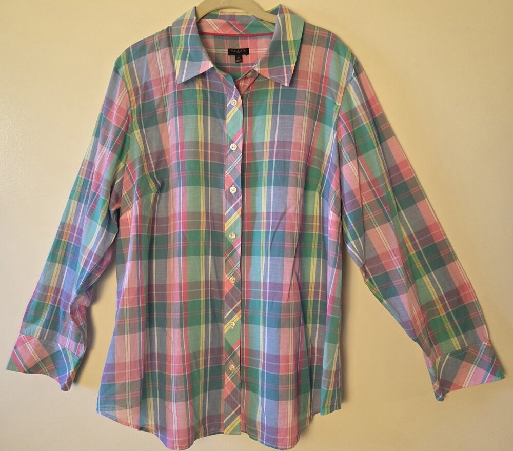 Talbots Plus Womens 1X Plaid Button Front Cotton Shirt Lavender Teal Green